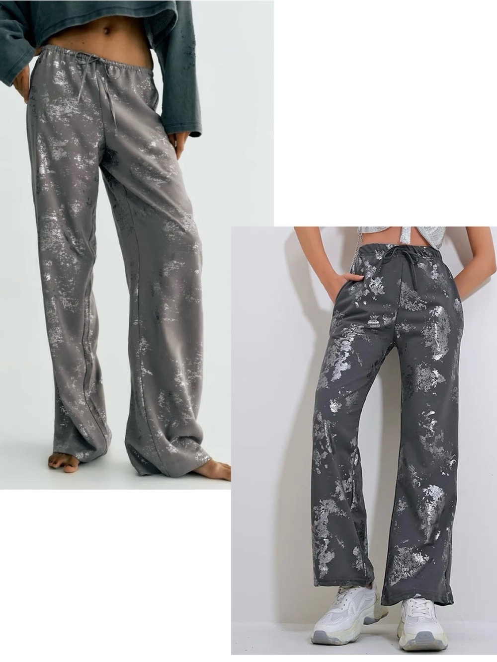 Zara Metallic Silver Print Wide Leg Drawstring Pants Gray Size S NWOT